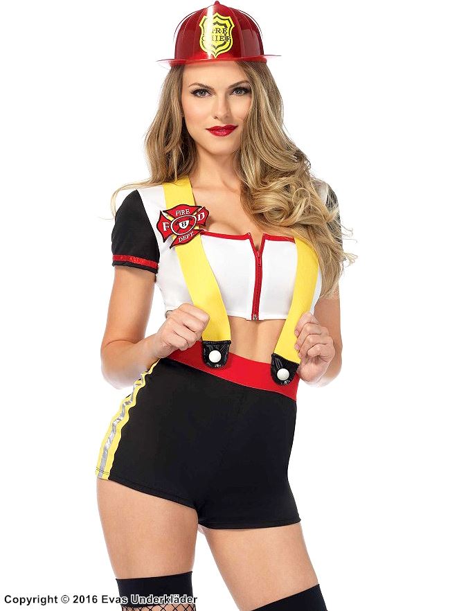 Female fire fighter, top and shorts costume, front zipper, suspenders